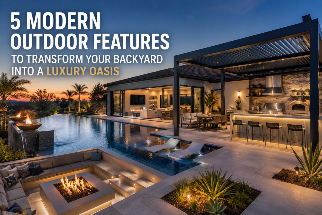 Luxurious modern backyard at dusk