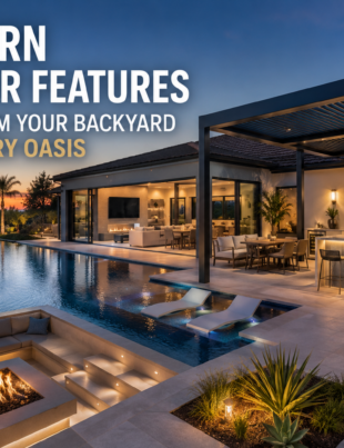 Luxurious modern backyard at dusk